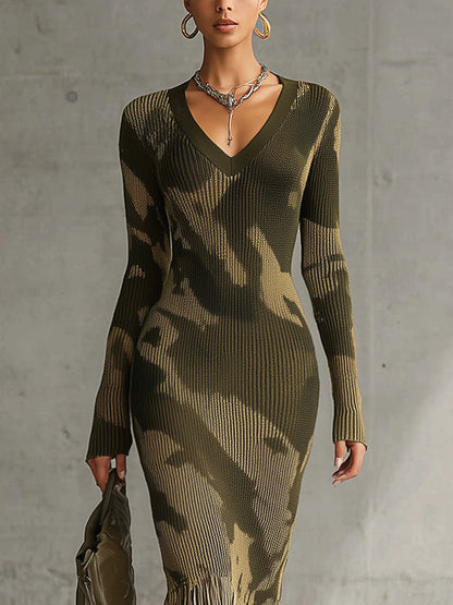 ARABELA | Vestido Largo de Punto de Canalé de Camuflaje con Flecos