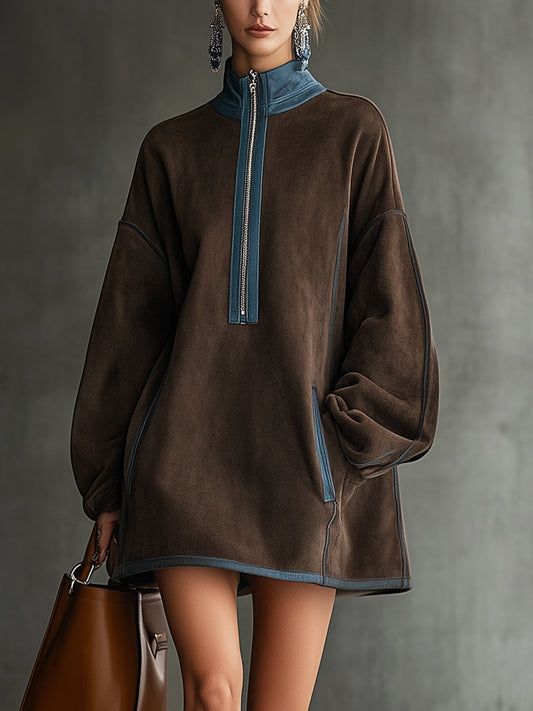 ALDARA | Minivestido Oversize de Forro Polar Efecto Ante con Cremallera