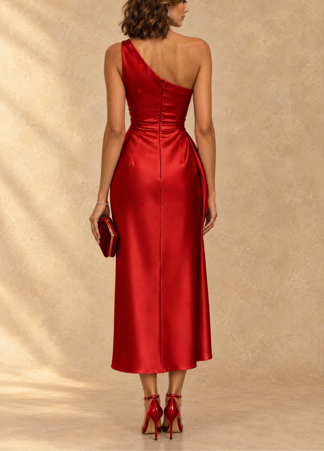 ZAHARA | Vestido Midi de Satén de un Hombro Fruncido