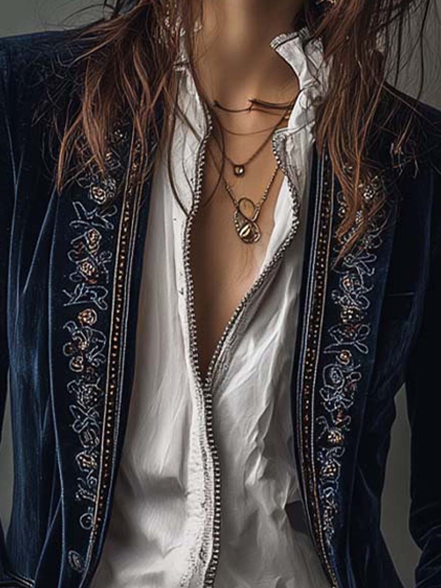 VIVIANA | Chaqueta Larga Bordada Vintage Azul Marino
