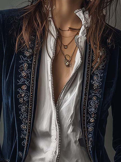 VIVIANA | Chaqueta Larga Bordada Vintage Azul Marino