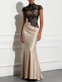 AMALIA | Vestido Largo Sirena de Raso Champán con Encaje Negro