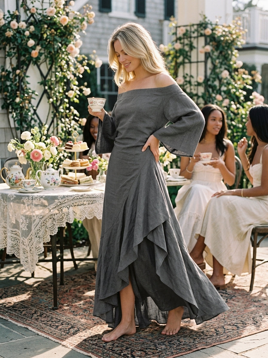 ESTRELLA | Vestido Largo de Hombros Descubiertos con Volante y Manga Acampanada