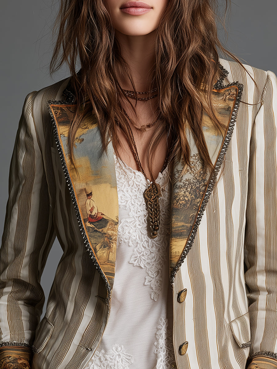 LUANA | Blazer Boho de Rayas con Solapas Estampadas