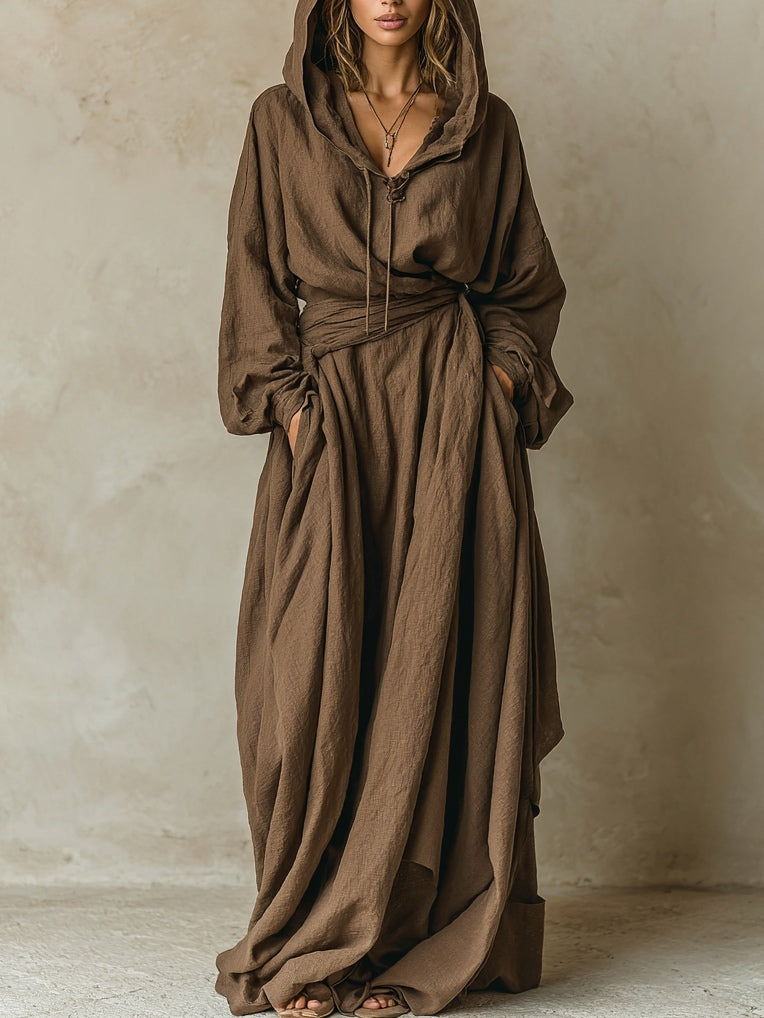 MARCELINA | Vestido Largo Marrón con Capucha Efecto Lino