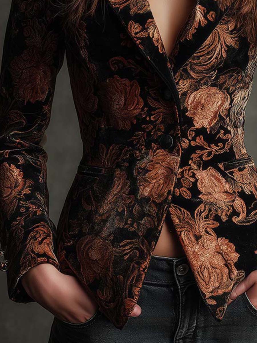 ISOLINA | Blazer Entallado Negro con Estampado Floral Bronce