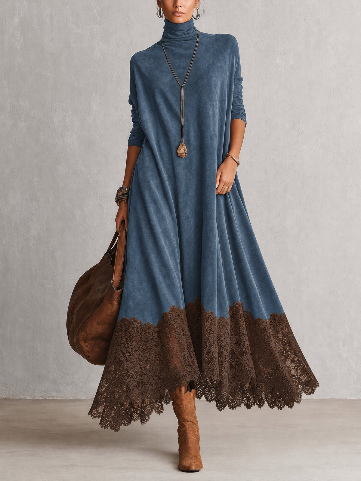 GRACIA | Vestido Largo Efecto Ante con Bajo de Encaje