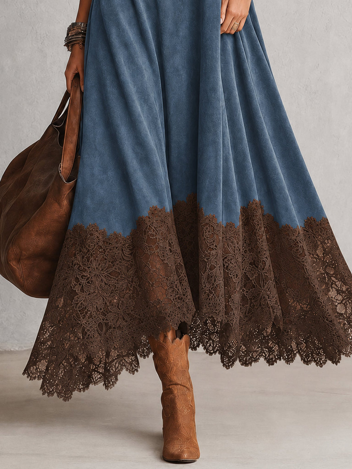 GRACIA | Vestido Largo Efecto Ante con Bajo de Encaje