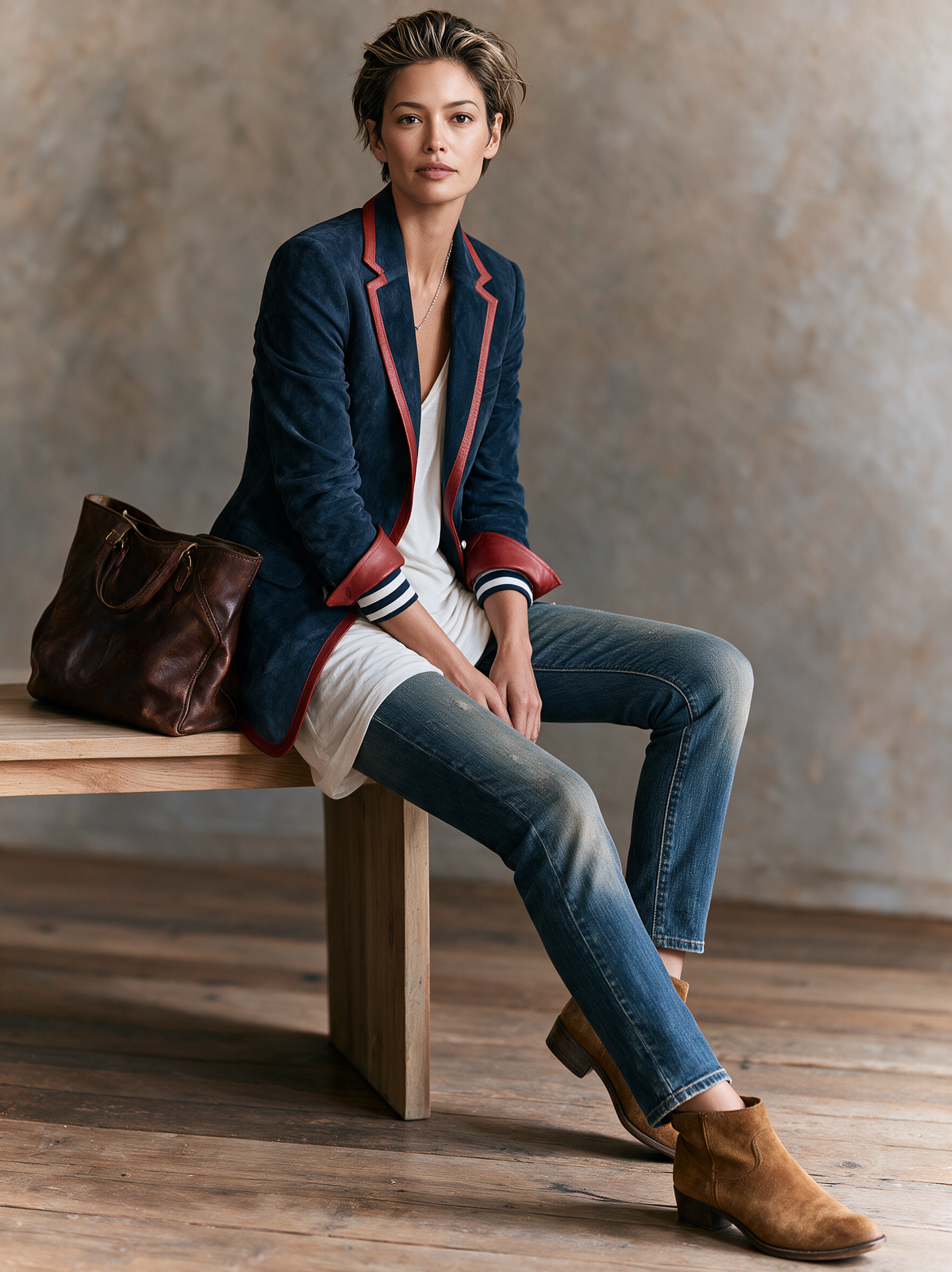 VIOLETA | Blazer de Antelina Vintage con Ribetes en Contraste