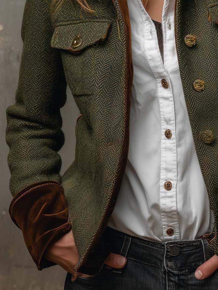 MÓNICA | Blazer Vintage de Espiga con Ribetes en Contraste
