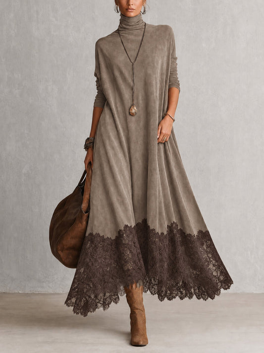 EMMA | Vestido Largo Efecto Ante con Bajo de Encaje