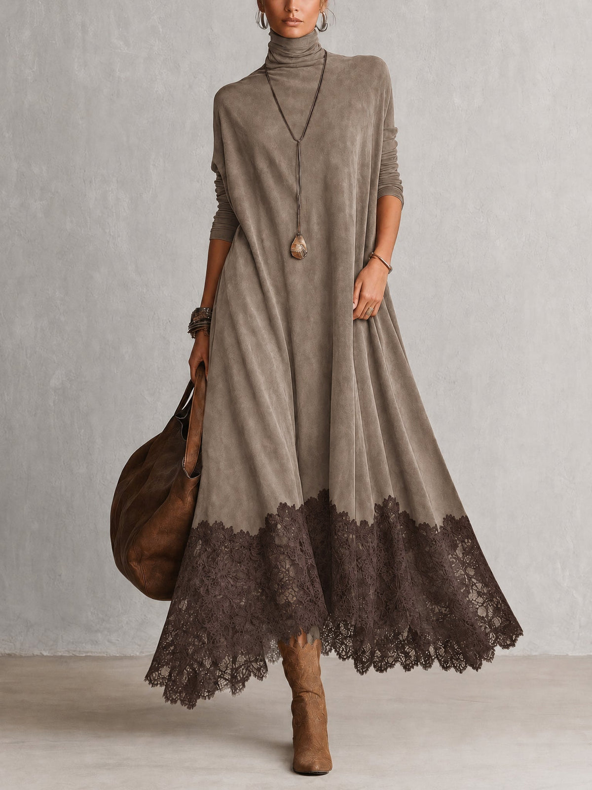 GRACIA | Vestido Largo Efecto Ante con Bajo de Encaje