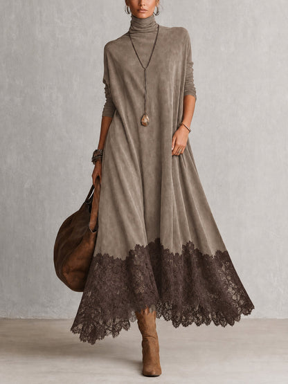 GRACIA | Vestido Largo Efecto Ante con Bajo de Encaje