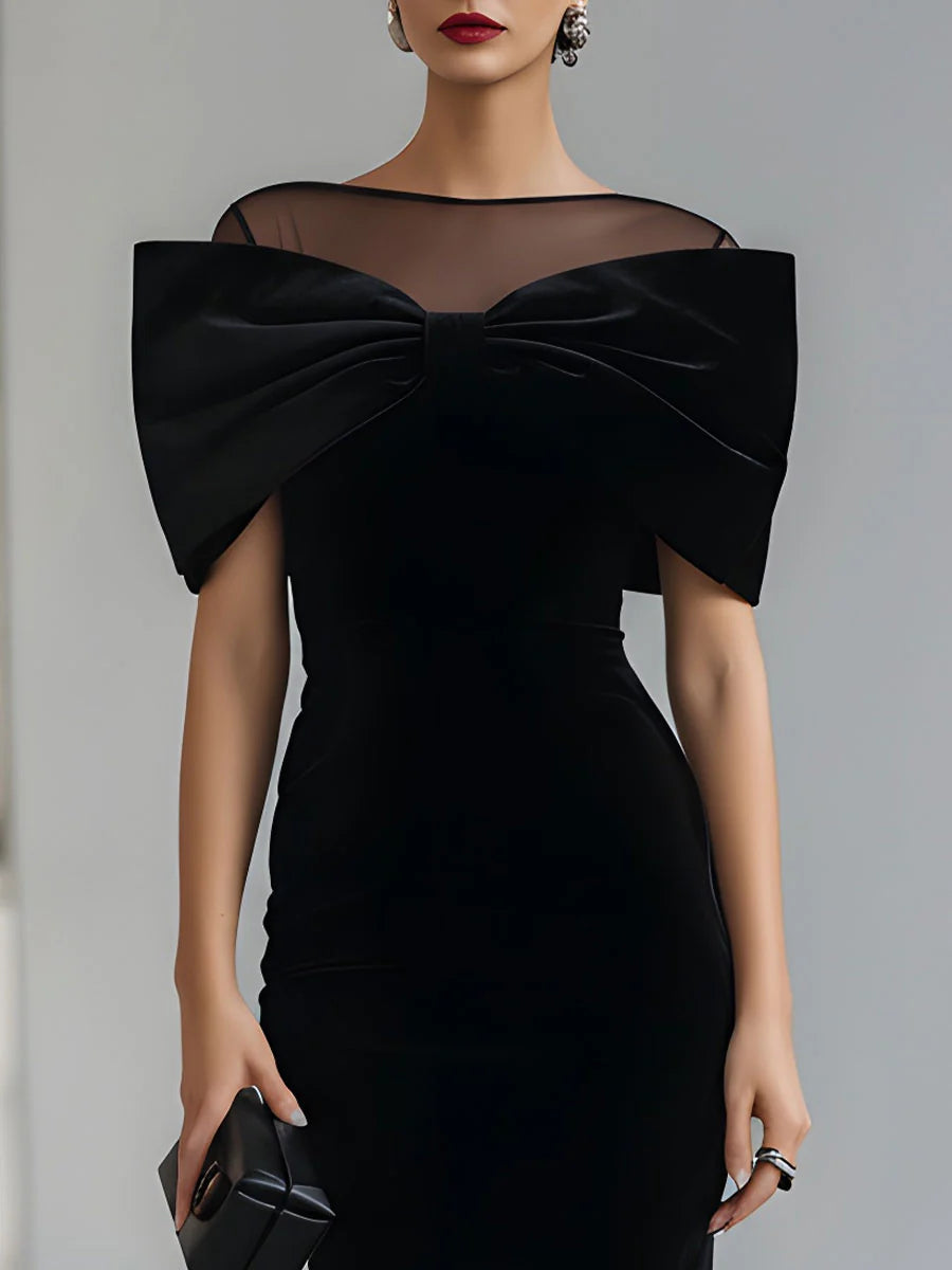 UXUE | Vestido Midi de Terciopelo con Gran Lazo y Escote de Tul