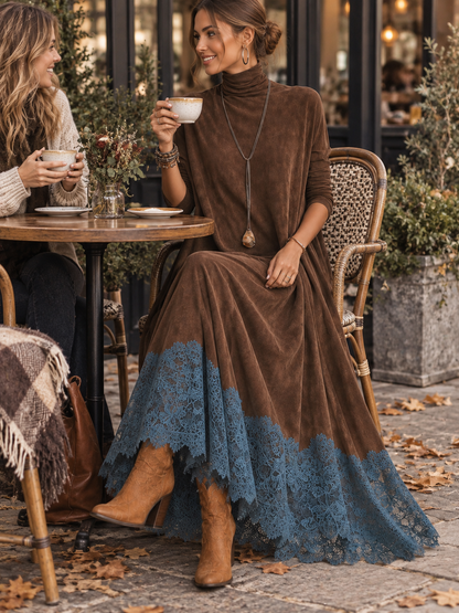GRACIA | Vestido Largo Efecto Ante con Bajo de Encaje