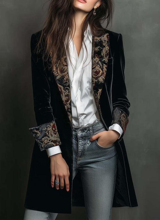 TECLA | Blazer Slim Fit con Estampado Barroco Negro