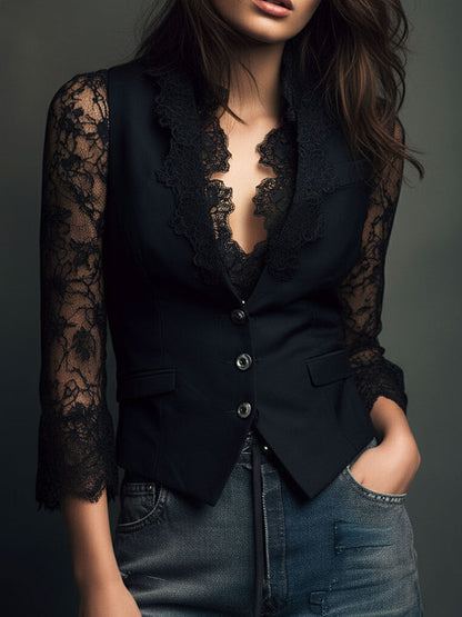 VEGA | Chaqueta Blazer Negra con Mangas Semitransparentes