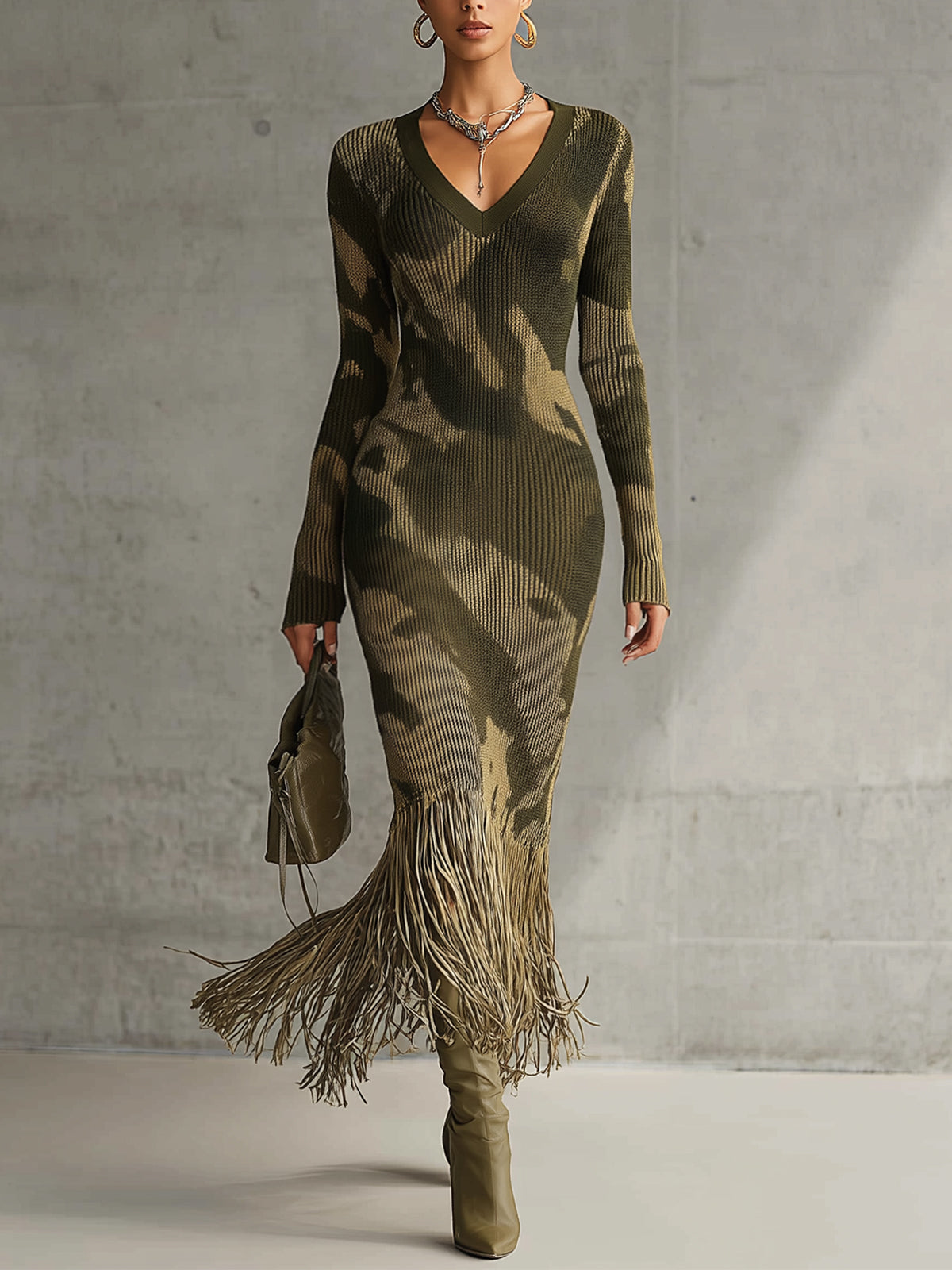 ARABELA | Vestido Largo de Punto de Canalé de Camuflaje con Flecos
