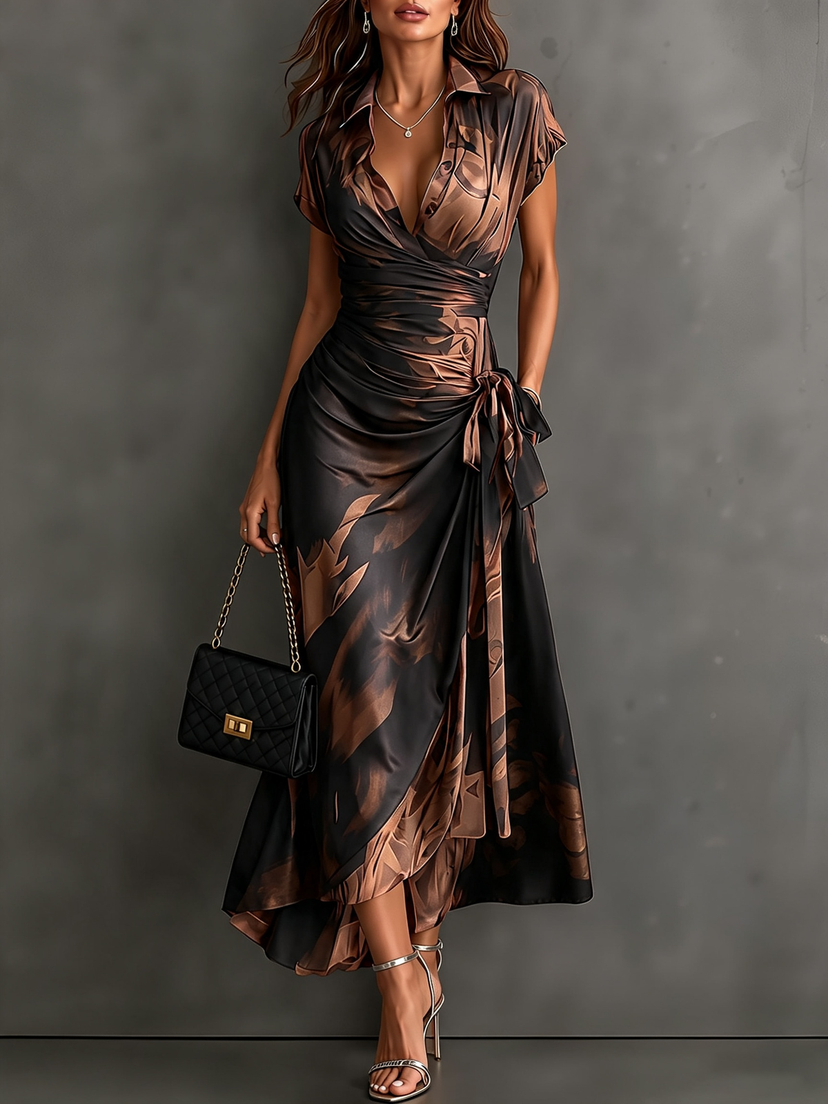 ANTONIA | Vestido Midi Cruzado Marrón y Negro con Cuello y Bajo Asimétrico