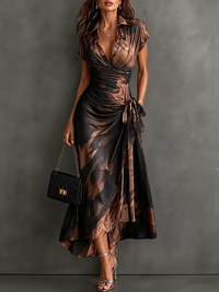 ANTONIA | Vestido Midi Cruzado Marrón y Negro con Cuello y Bajo Asimétrico