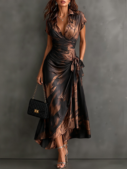 ANTONIA | Vestido Midi Cruzado Marrón y Negro con Cuello y Bajo Asimétrico