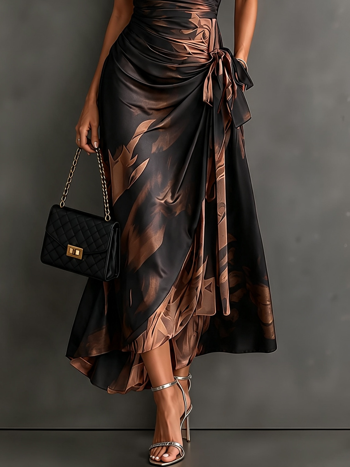 ANTONIA | Vestido Midi Cruzado Marrón y Negro con Cuello y Bajo Asimétrico