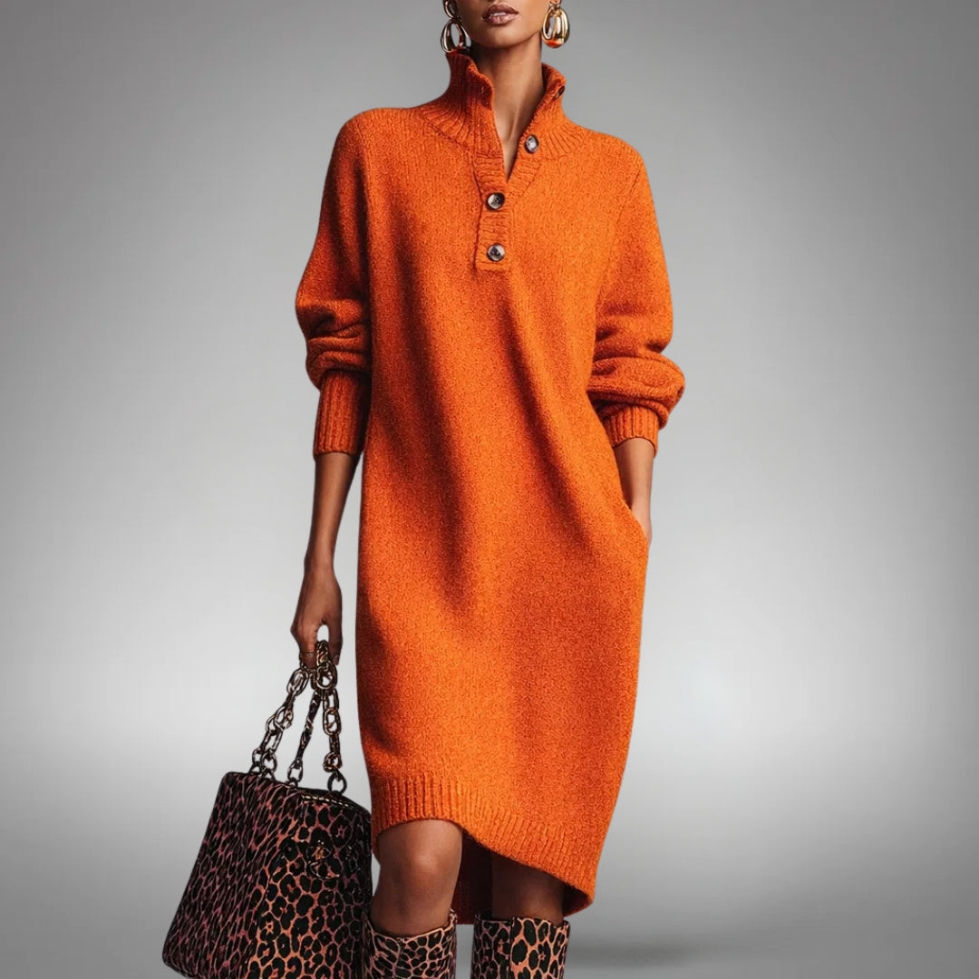 ZURIÑE | Vestido Midi de Punto con Cuello Alto Abotonado
