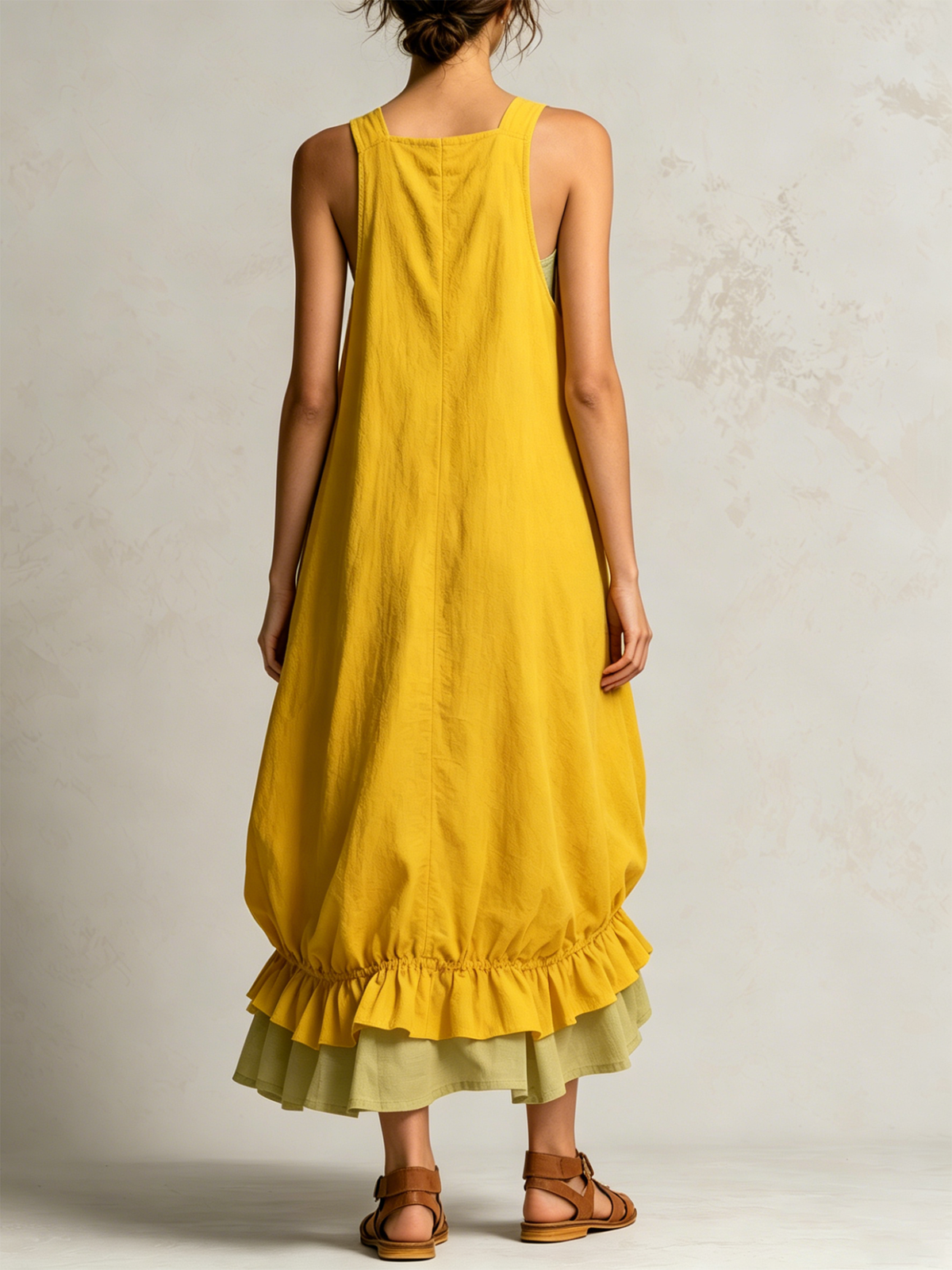 AMAIA | Vestido Midi Globo Amarillo con Bolsillos y Doble Volante