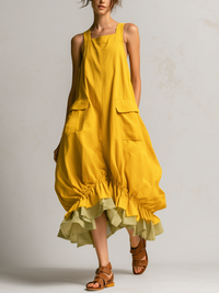 AMAIA | Vestido Midi Globo Amarillo con Bolsillos y Doble Volante