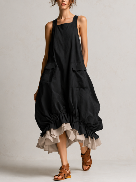 ABRIL | Vestido Midi Globo Negro con Bolsillos y Doble Volante