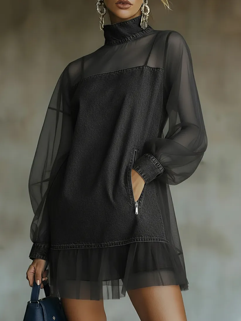 BELINDA | Minivestido Vaquero con Cuello Alto y Mangas de Tul