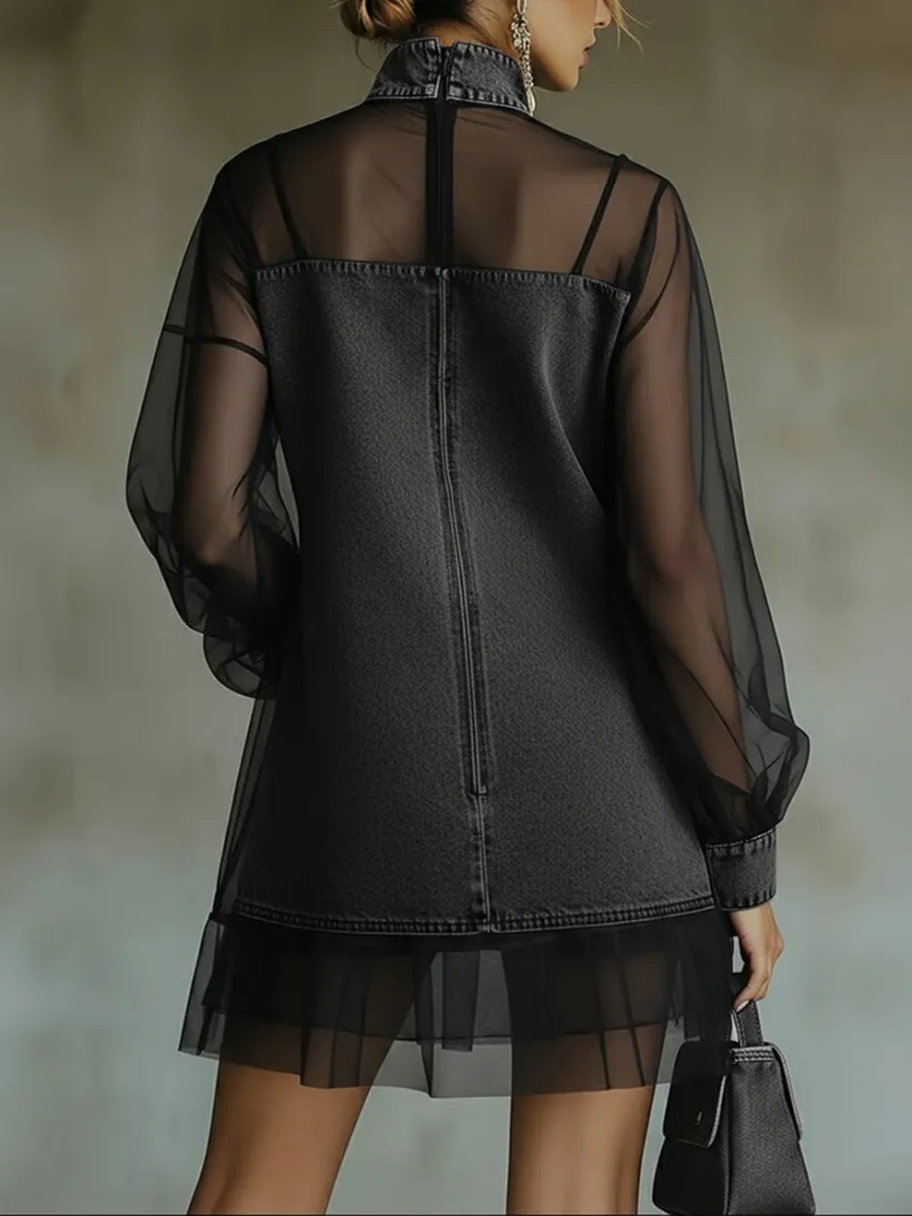 BELINDA | Minivestido Vaquero con Cuello Alto y Mangas de Tul