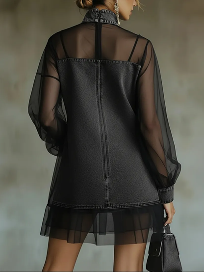 BELINDA | Minivestido Vaquero con Cuello Alto y Mangas de Tul