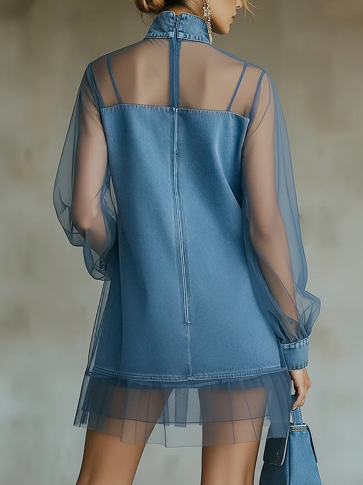 BELINDA | Minivestido Vaquero con Cuello Alto y Mangas de Tul