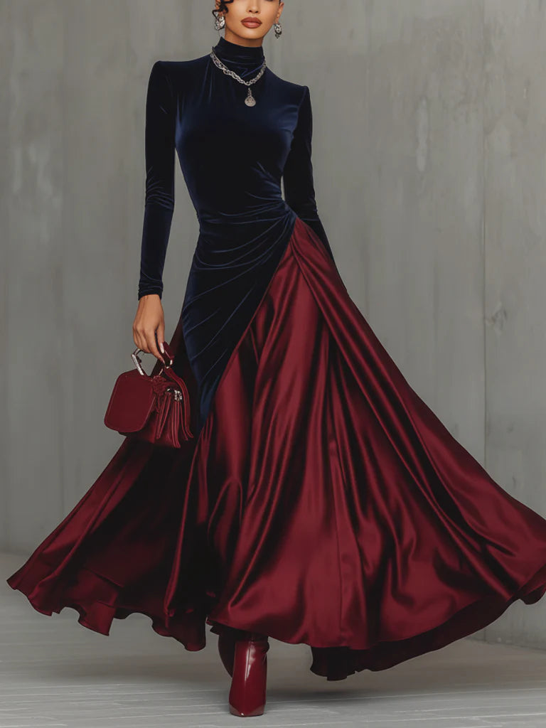 EMILIA | Vestido Largo Bicolor de Terciopelo y Satén