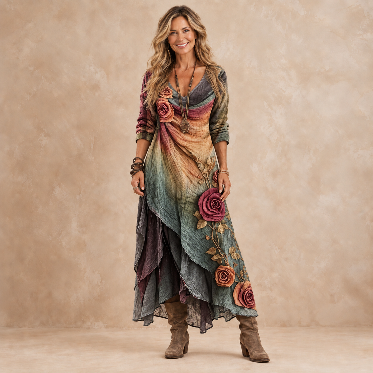 ALBA | Vestido Largo Bohemio de Capas con Estampado Floral y Rosas
