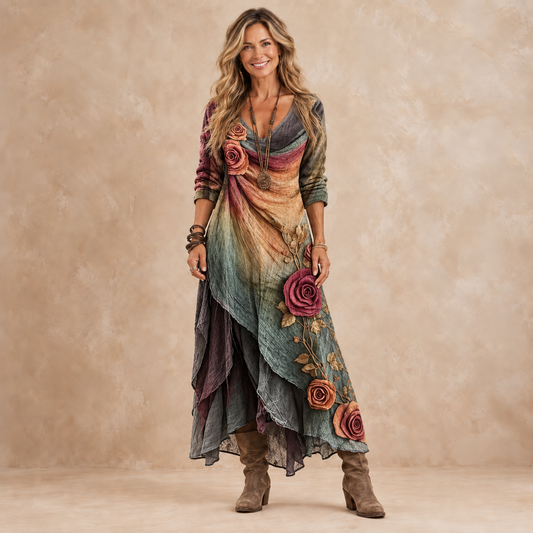 ALBA | Vestido Largo Bohemio de Capas con Estampado Floral y Rosas