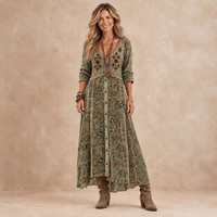 AURORA | Vestido Largo Vintage Verde Oliva con Estampado Botánico y Botones