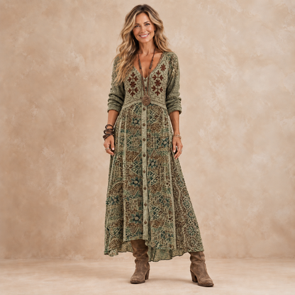 AURORA | Vestido Largo Vintage Verde Oliva con Estampado Botánico y Botones
