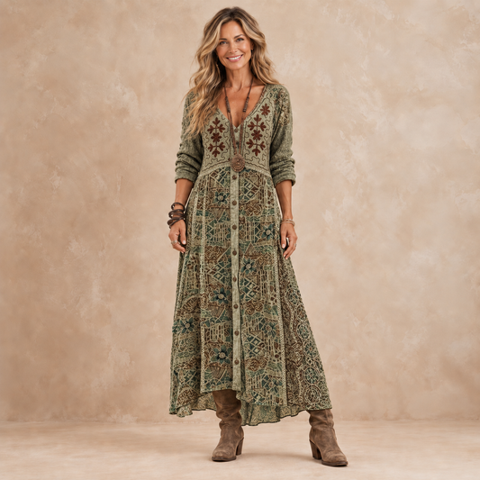 AURORA | Vestido Largo Vintage Verde Oliva con Estampado Botánico y Botones