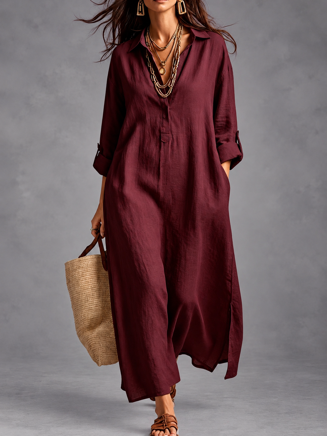 TERESITA | Vestido Camisero Largo con Escote en V y Bolsillos