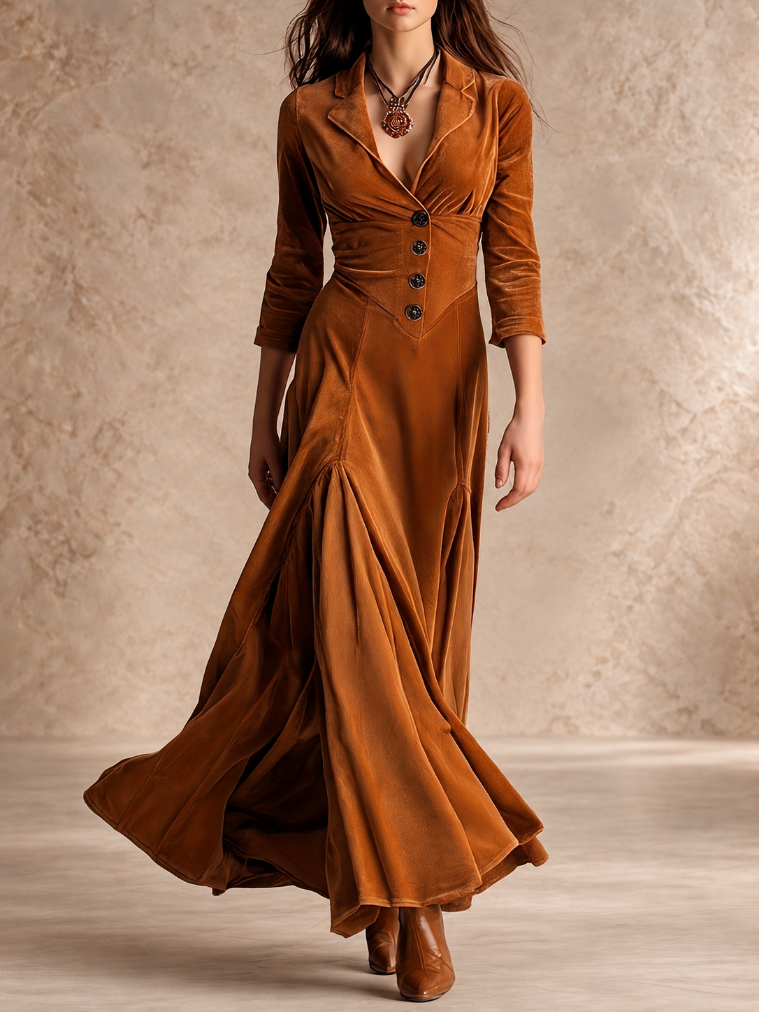PERPETUA | Vestido Largo con Cuello Solapa, Botones y Manga 7/8