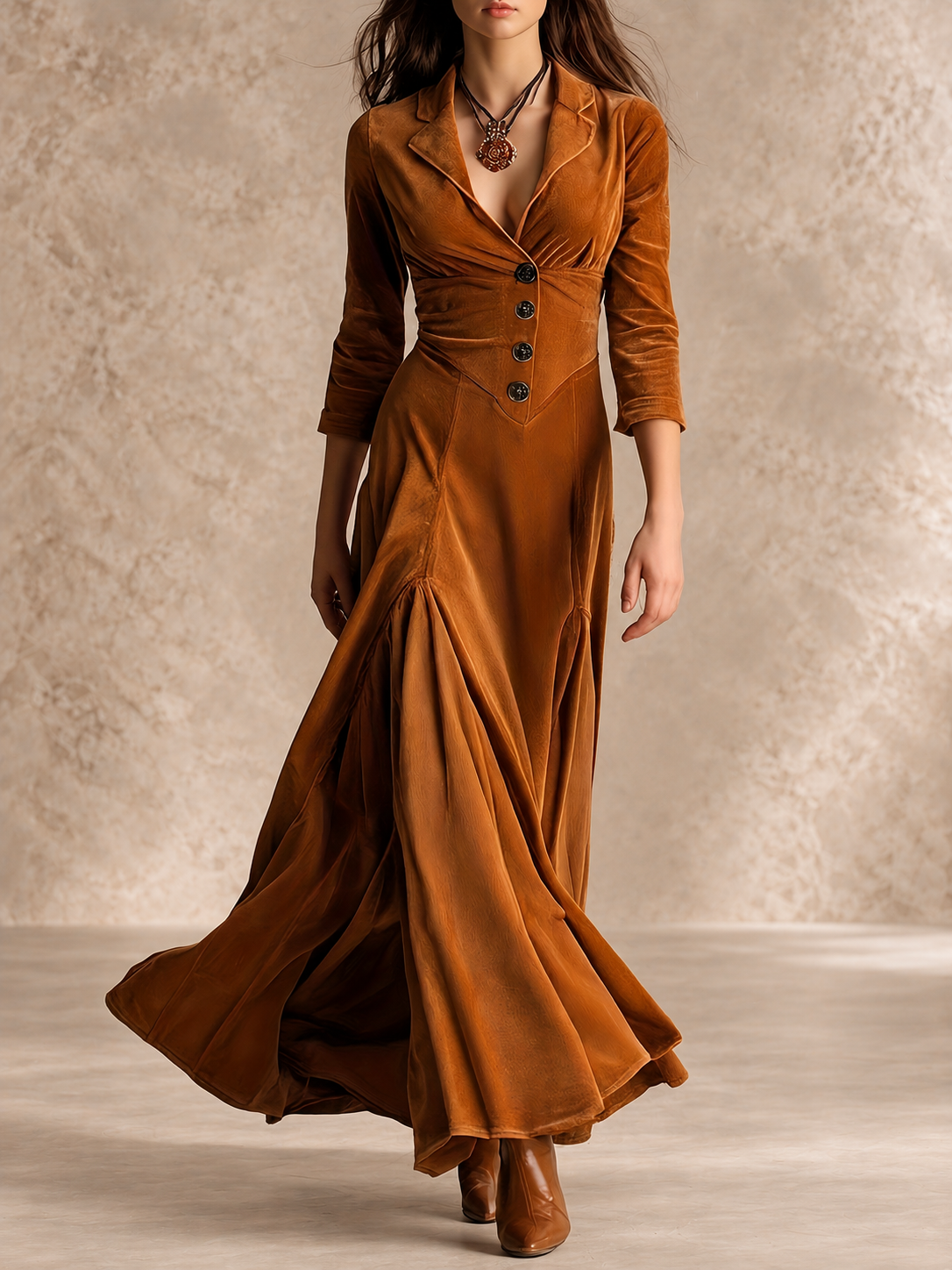 PERPETUA | Vestido Largo con Cuello Solapa, Botones y Manga 7/8
