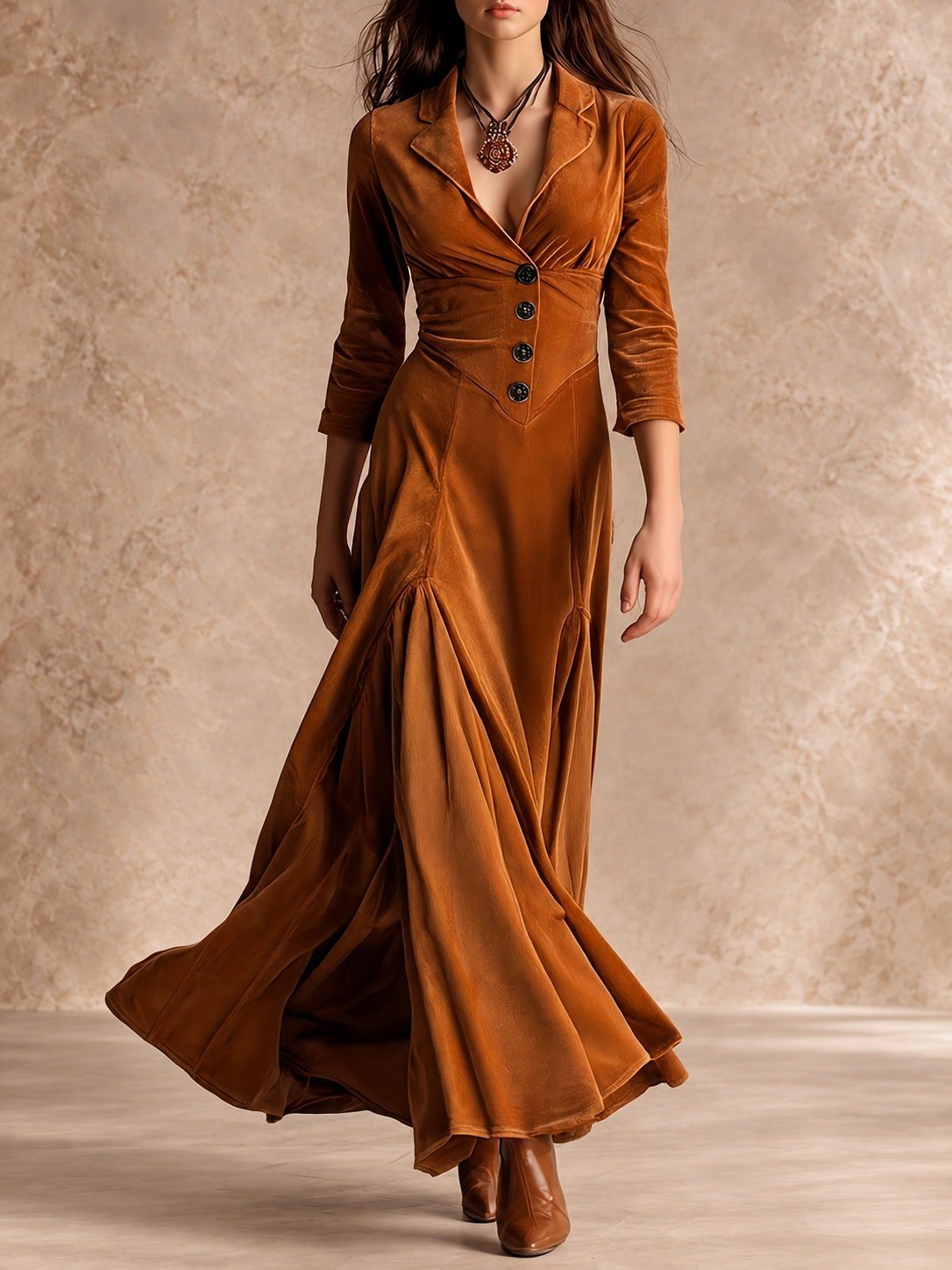 PERPETUA | Vestido Largo con Cuello Solapa, Botones y Manga 7/8