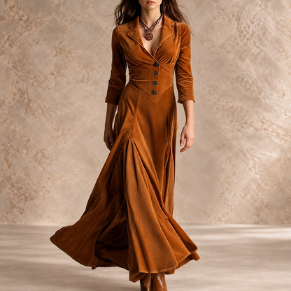 PERPETUA | Vestido Largo con Cuello Solapa, Botones y Manga 7/8