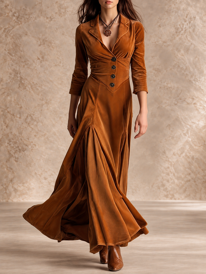 PERPETUA | Vestido Largo con Cuello Solapa, Botones y Manga 7/8