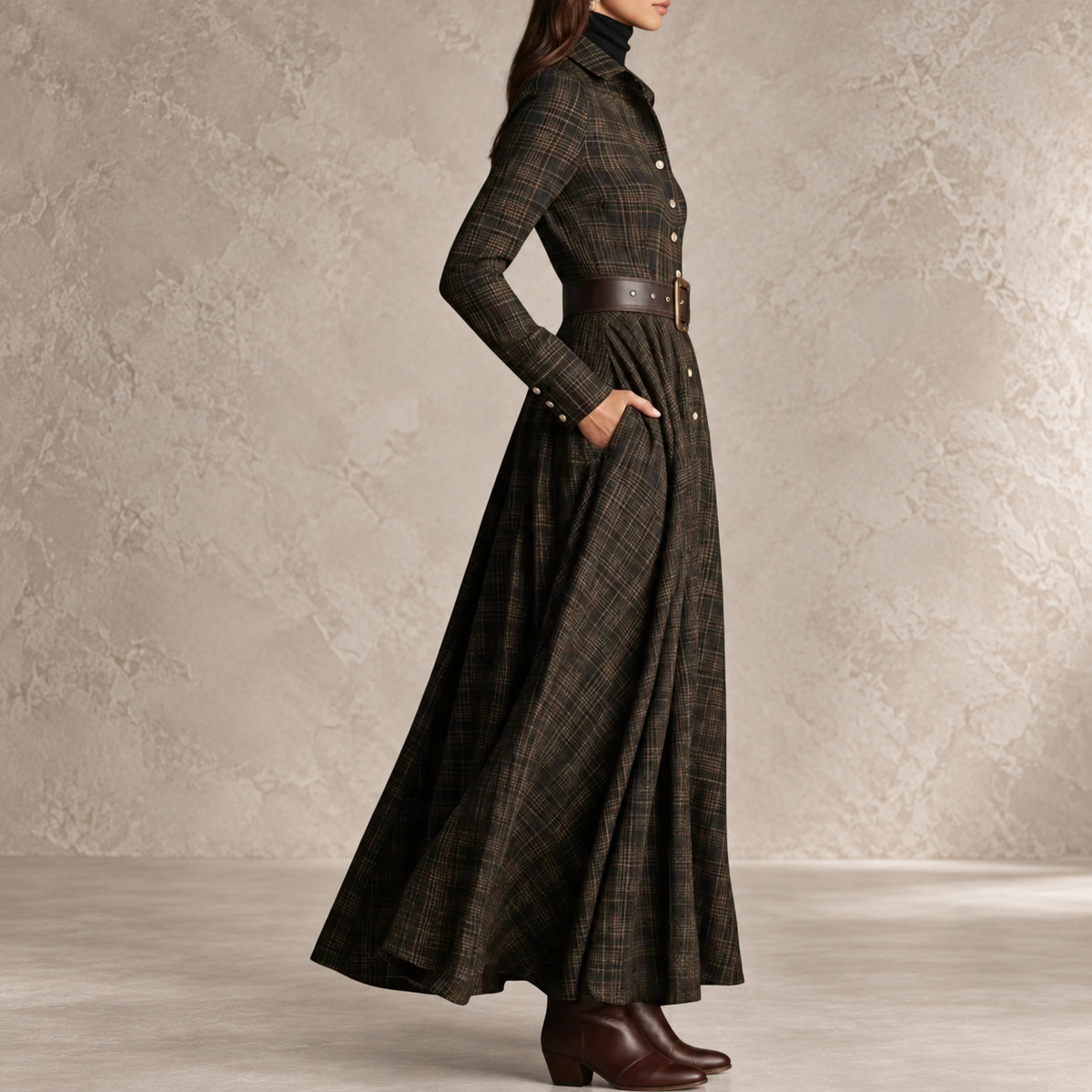 CASIMIRA | Vestido Largo de Cuadros con Botones y Cinturón
