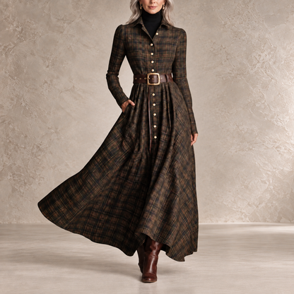 CASIMIRA | Vestido Largo de Cuadros con Botones y Cinturón