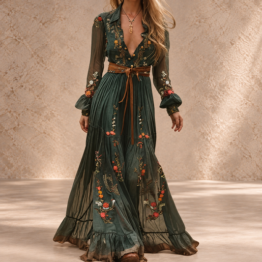 BENIGNA | Vestido Largo Bohemio con Bordado Floral y Cinturón