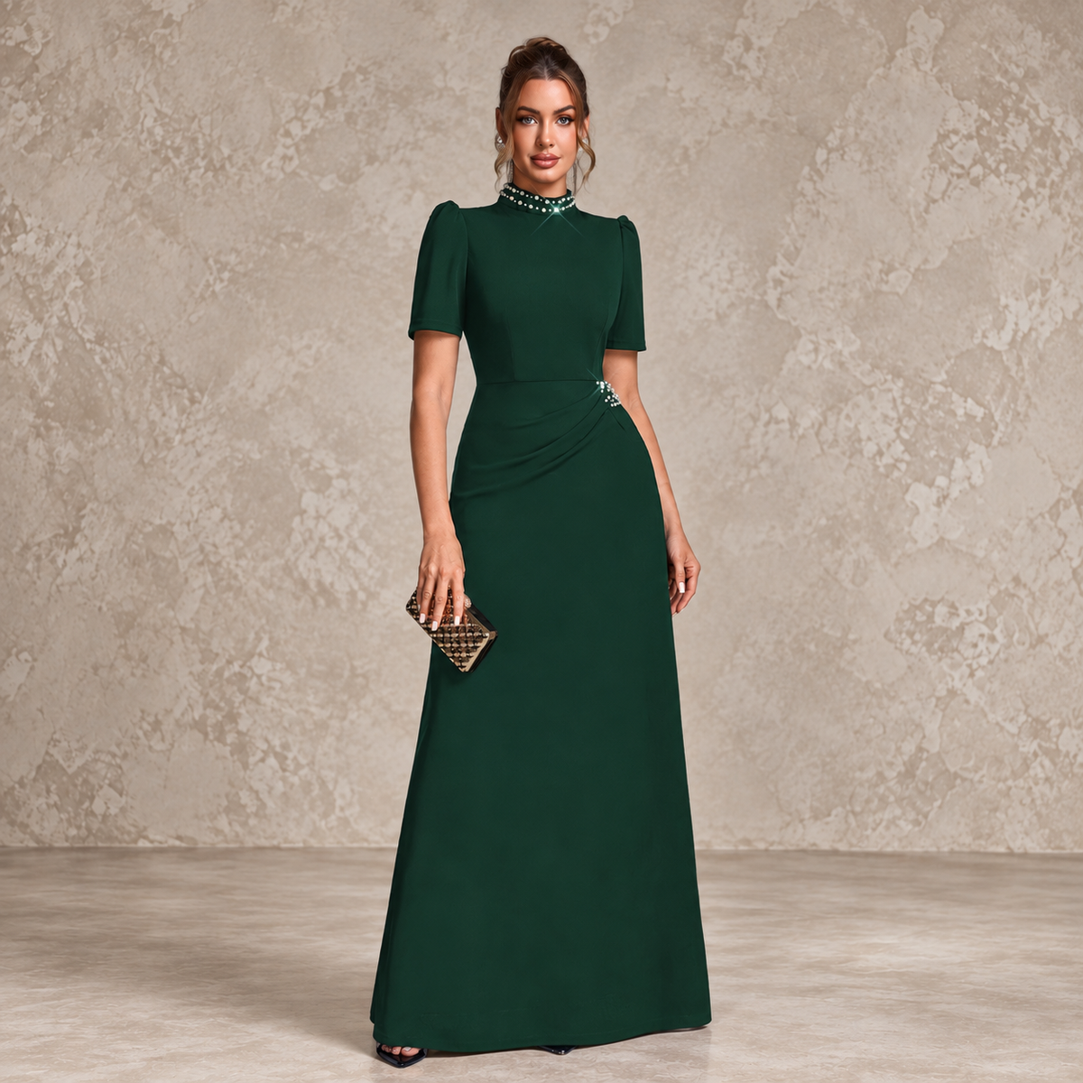 MARCIANA | Vestido Largo de Fiesta con Cuello Joya y Manga Corta